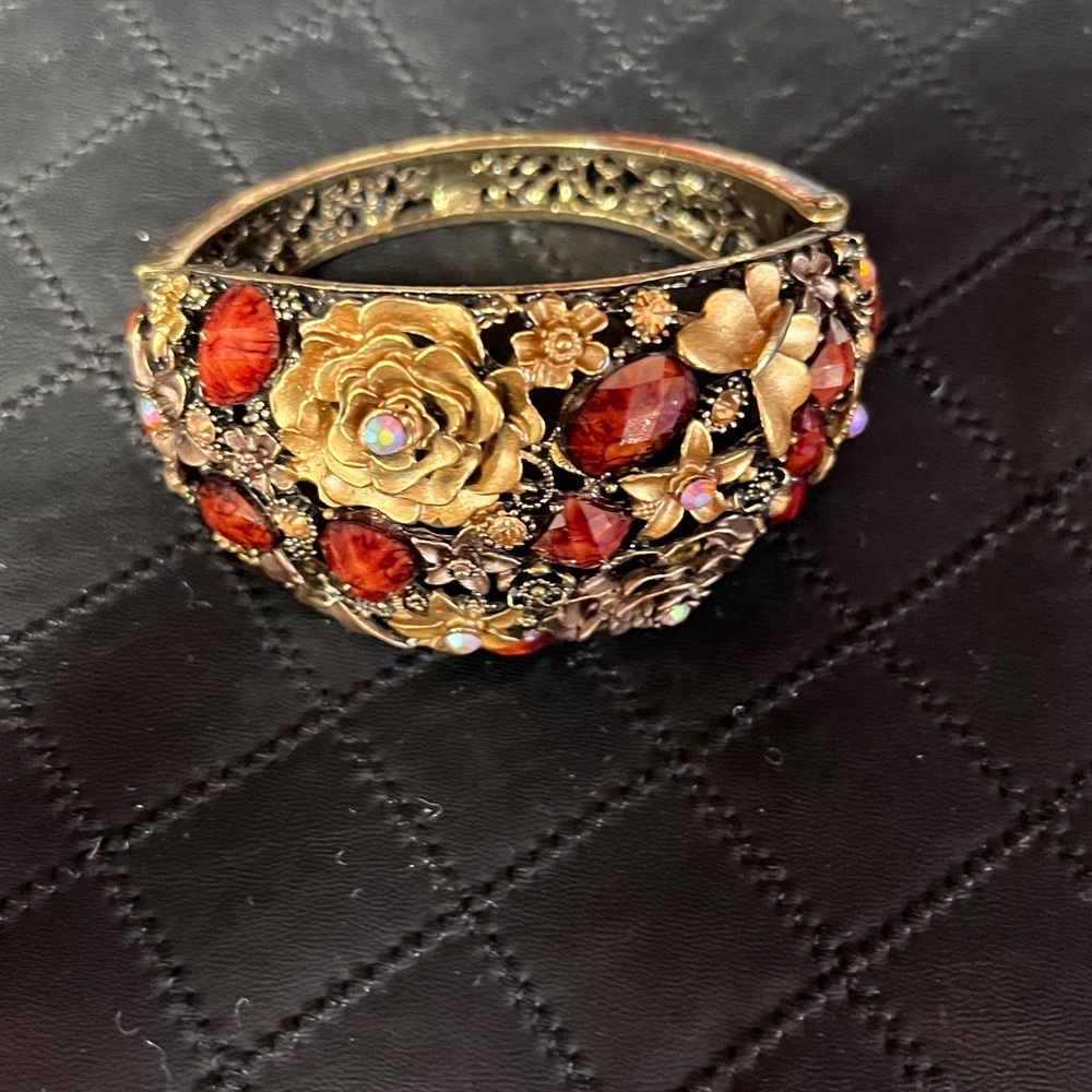 Vintage Floral Embellished cuff Bracelet with brown and Gold Accents